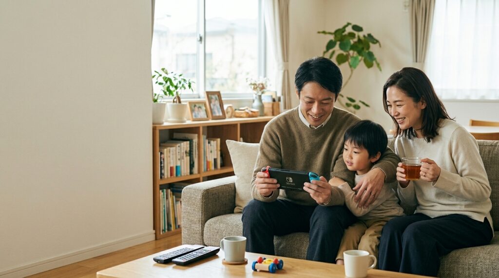 家族でゲームを楽しむ40代の父親と子ども