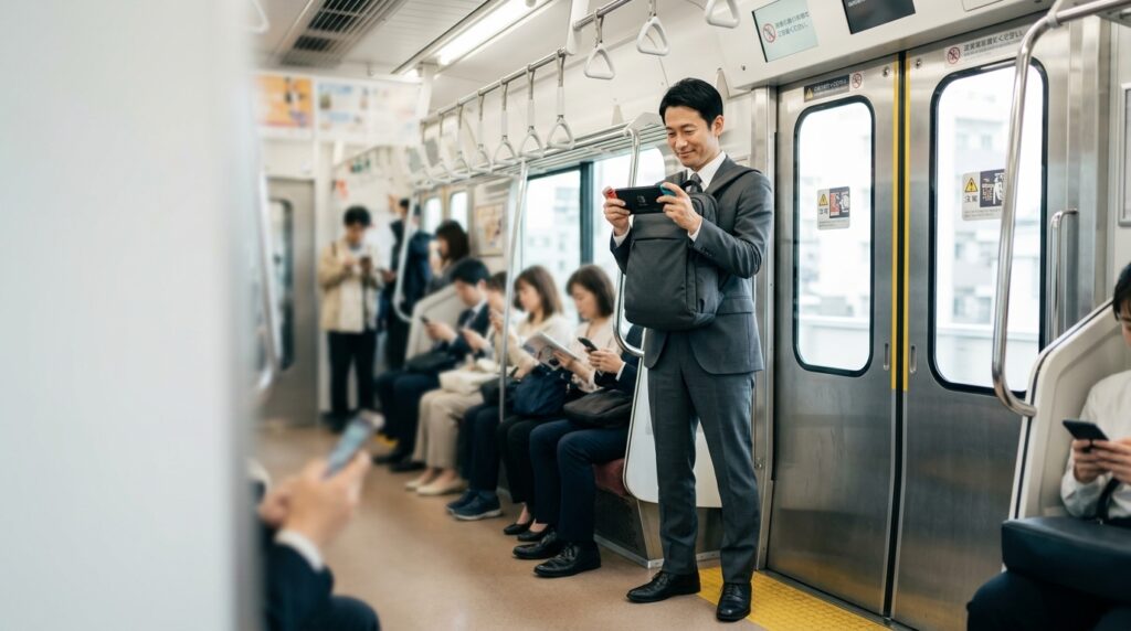 通勤電車で立ったままゲームを楽しむ社会人ゲーマー