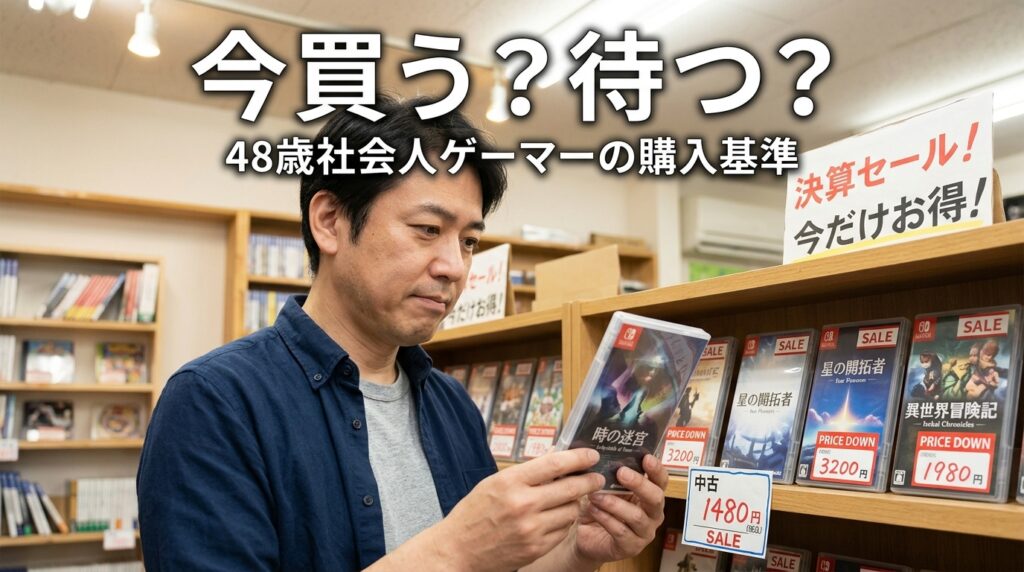 ゲームショップでセール価格を確認する48歳の社会人ゲーマー