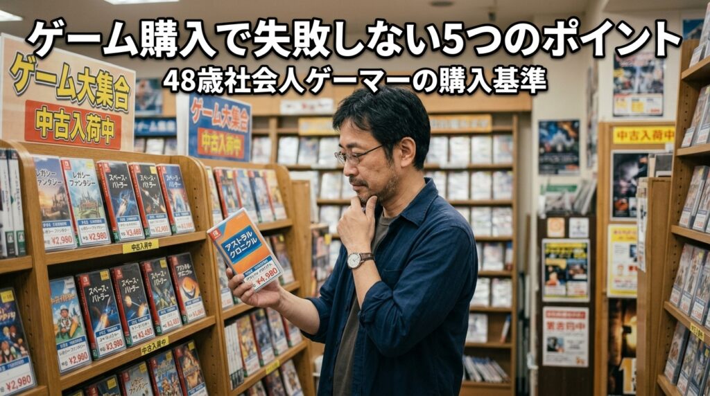 ゲームショップで購入するゲームを選ぶ48歳の社会人ゲーマー