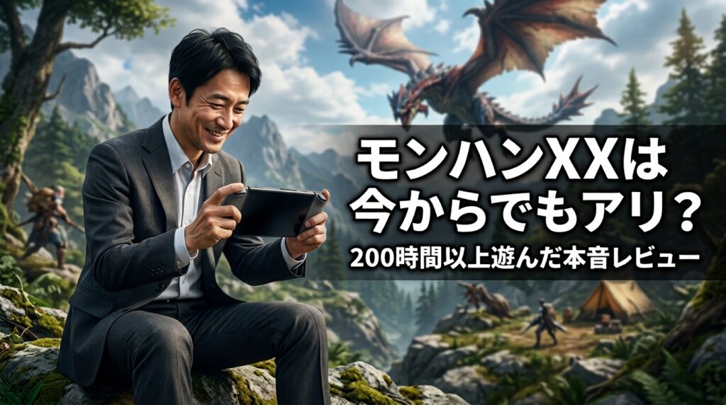 モンハンXXの世界観を背景にゲームを楽しむ48歳の社会人ゲーマー