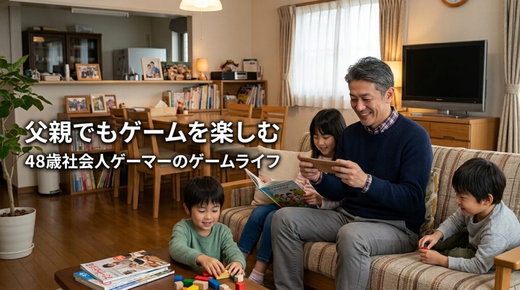 家族と過ごしながらゲームを楽しむ48歳の父親