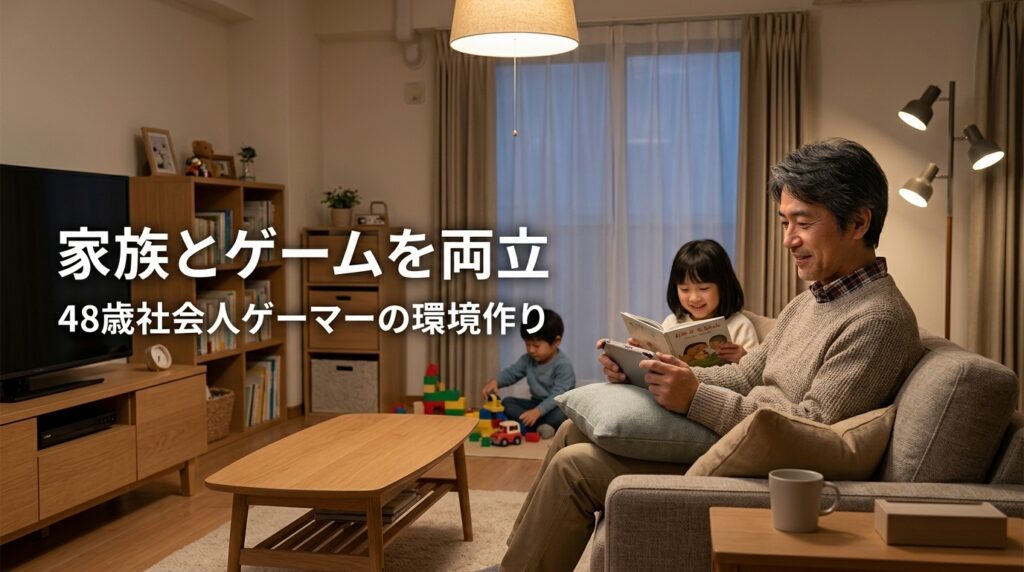 家族と過ごすリビングでゲームを楽しむ48歳の社会人ゲーマー