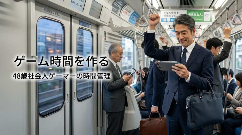 通勤電車でゲームを楽しむ48歳の社会人ゲーマー