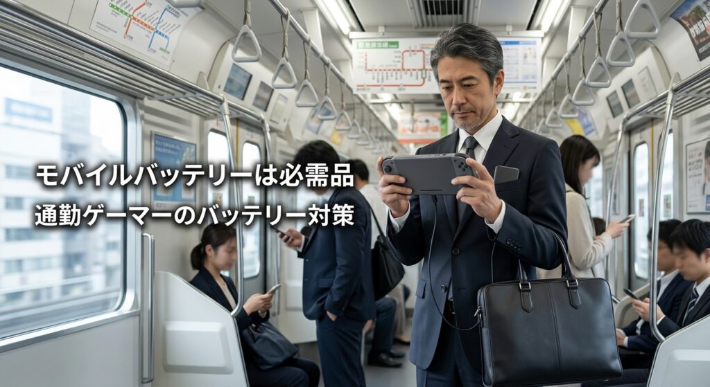 通勤電車でモバイルバッテリーを使ってゲーム機を充電する48歳の社会人ゲーマー