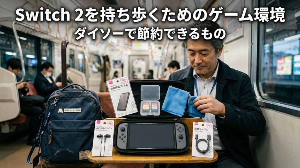 Switch 2を持ち歩くためのケースや保護用品を並べた社会人ゲーマーのゲーム環境