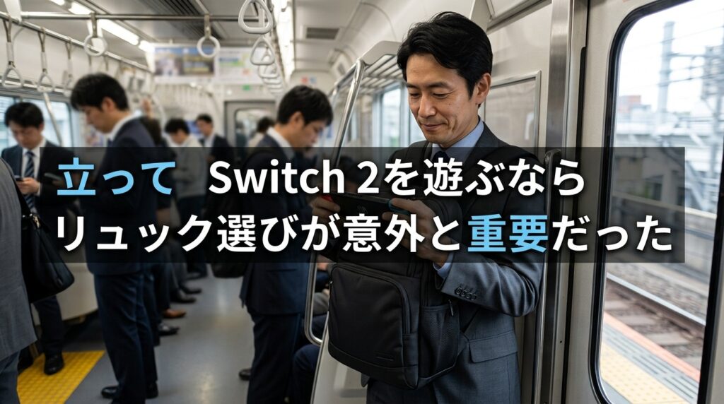 通勤電車でリュックを前に背負ってSwitch 2を遊ぶ社会人ゲーマー